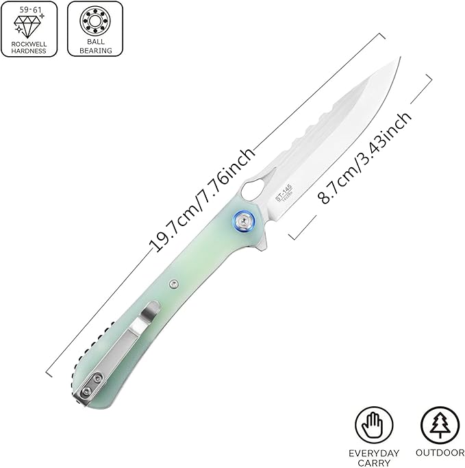 Sitivien ST145 Folding Pocket Knife,14C28N Steel Blade,G10 Handle EDC Tool Knife for Outdoor Survival,Camping,Hiking,Hunting(Jade) …