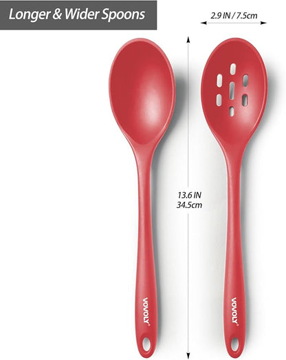 Silicone Spoons for Cooking - Extra Large Kitchen Spoons for Mixing, Serving, & Stirring - 600°F Heat-Resistant Non Stick Utensils Ladle & Skimmer- Dishwasher Safe, Red