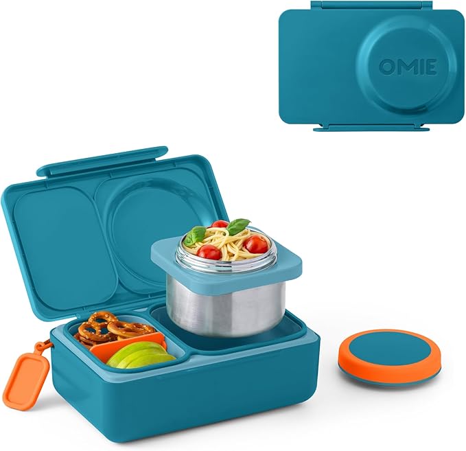 Omie OmieBox UP bento Box for Kids | Insulated Lunch Box | Leak Proof Vacuum Insulated Thermal Food jar | Cooler ice Pack | 2 Compartments (Teal Green)
