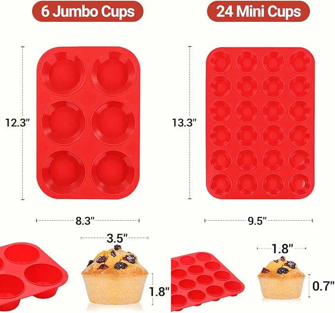 CAKETIME Silicone Muffin Pan, 2 Packs, Jumbo 6 Cups and Mini 24 Cups