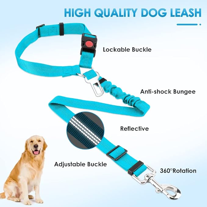 Lukovee Dog Car Seat Belt, 2 Pack Headrest Restraint Seatbelt, Adjustable Pet Safety Leads with Reflective Elastic Bungee for Dog Harness Collar Travel Daily Use (Tiffany Blue,Headrest+Clip)