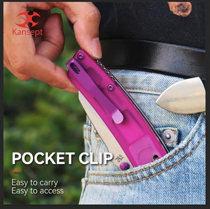 KANSEPT Main Street Pocket Folding Knife, 3.36''Stonewashed 154CM Sharp Blade, Purple Acrylic Handle with Axis Lock and Thumb Stud, Perfect Clip for Camping Hiking Fishing Gift Everyday Carry T1015v10