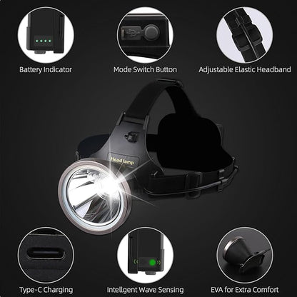 Led Bright Headlamp USB C Rechargeable Head Lamp with Battery Powered for Adult- Adjustable Motion Sensor Headlamps Flashlight Waterproof Searchlight for Hunting,Fishing
