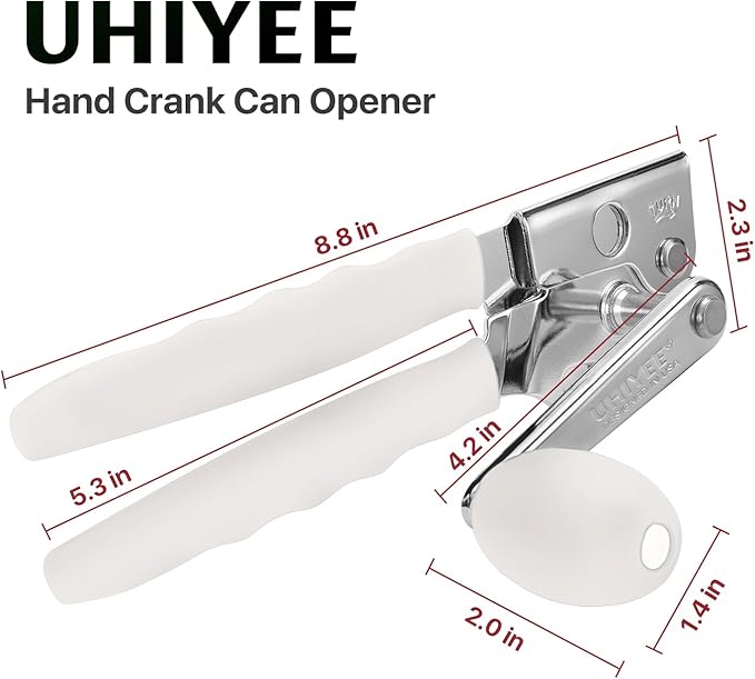 Commercial Can Opener, UHIYEE Hand Crank Can Opener Manual Heavy Duty with Comfortable Extra-long Handles, Oversized Knob, Large Handheld Can Open Easy for Big Cans, White