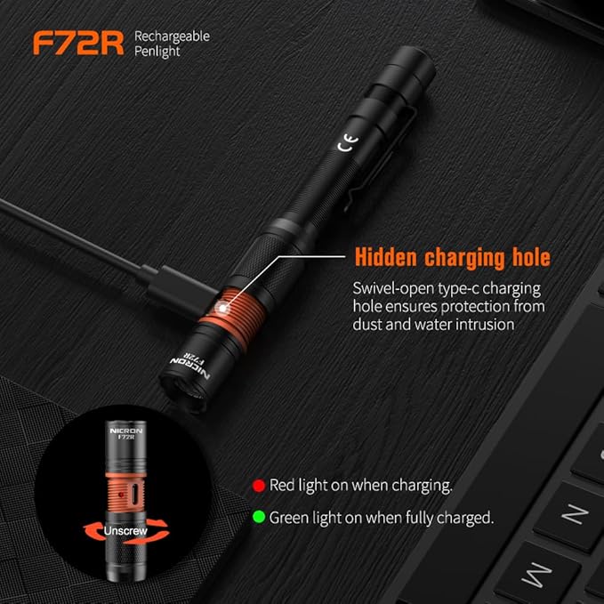 NICRON F72R Pen Light, Pocket Flashlight with Clip,5 Modes 450 lumens mini Rechargeable Flashlight Including Batteries, Focusing penlight ipx4 Waterproof for Work