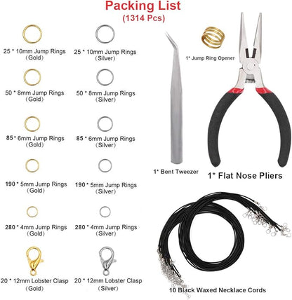 EuTengHao 1314pcs Open Jump Rings and Lobster Clasps Jewelry Repair Tools Making Supplies Kit & Jewelry Finding Kit for Necklace Repair with DIY Making Accessories (Gold and Silver)