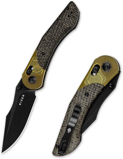 Kizer Mini Mystic Pocket Knife, 3.2" 154CM Blade EDC Hunting Survival Knife with Black Burlap Micarta and Yellow PEI Handle, Camping Folding Knives with Clutch Lock & Thumb Stud Opener, V3636C1