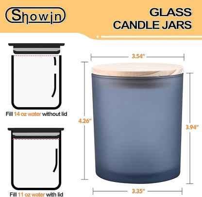 SHOWIN 14 OZ Thick Candle Jars for Making Candles 12 Pcs, 3 Wick Empty Jars with Wood Lids for Candle Making, Sample Container, Frosted Grey
