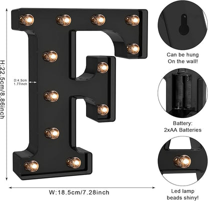Foaky Black LED Letter Lights for Room Decor - Bedroom Wall Decor, Alphabet Lights for Home, Wedding, Party - Battery Operated （F）