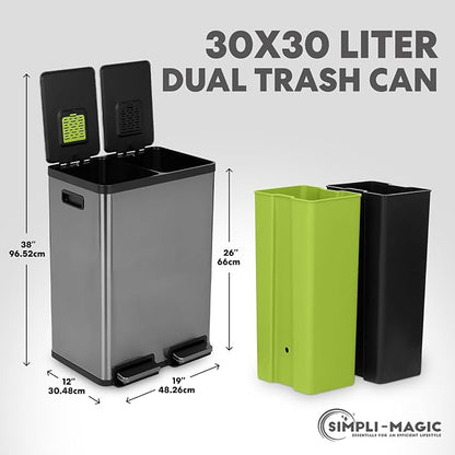 Simpli-Magic 16 Gallon Elegant Black Step Trash Can – Dual Compartment Kitchen