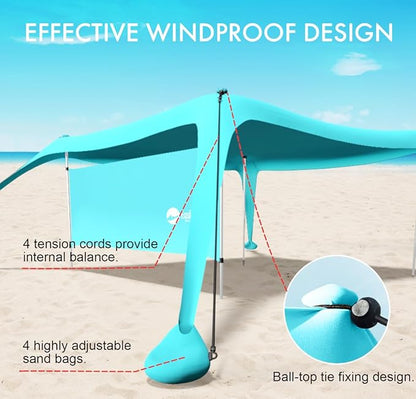 Beach Canopy Tent Shade with Sidewalls 10x10FT, 6.6FT Tall, UPF50+ Sun Shelter, Windproof & Water Resistant, Includes Guylines Sand Shovel Stability Poles, Easy Up for Beach Outdoor Camping Backyard