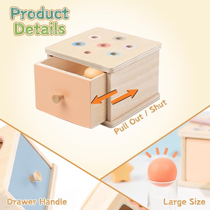 Montessori Toys for 2 3 4 5 Year Old - Wooden Object Permanence Box with Drawer Sensory Toys Shape Sorter Color Sorting Education for Baby Toddler Boy Girl Drop Busy Box (A-pegs)