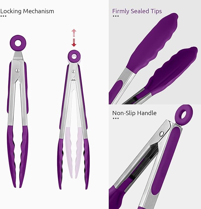 600ºF Heat Resistant Kitchen Tong: U-Taste 7 inch Silicone Cooking Tong with Firm Sealed Non Stick Rubber Tips & Silicon Coated 18/8 Stainless Steel Handle & Smooth Locking for Serving Salad (Purple)