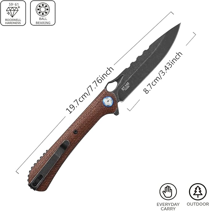 Sitivien ST145 Folding Pocket Knife,Black Stonewashed 14C28N Steel Blade,Micarta Handle EDC Tool Knife for Outdoor Survival,Camping,Hiking,Hunting(Brown) …