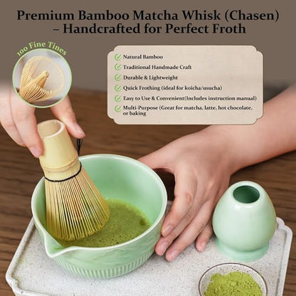 7PCs Matcha Whisk Set Traditional Japanese Green Matcha Kit with Whisk and Bowl Matcha Making Accessories Bamboo Chasen Tea Spoon Holder Sifter Tea Towel Ceremony Macha Tea Set for Beginners