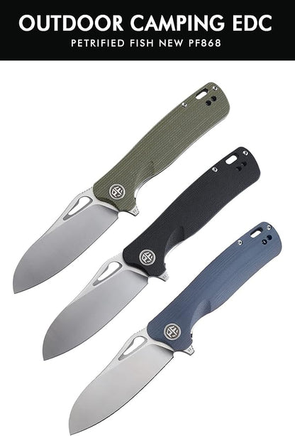Petrified fish PF868 Bunta,3.35" D2 Satin Blade,146g G10 Handle Flipper Folding knife (Gray G10, Satin)