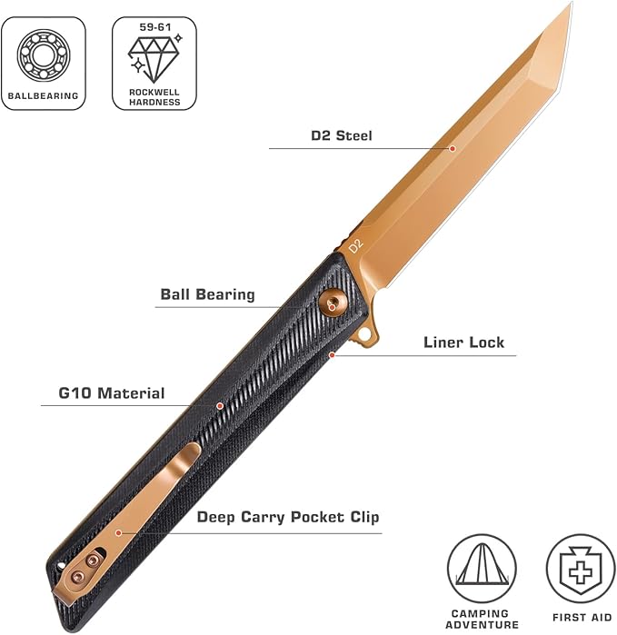 Pocket Knife GD22K, Flipper Open D2 Steel Tanto Folding knife with Durable G10 Handle,Men Women Everyday Carry EDC Knife,Sharp Camping Hiking Daily Work Knives