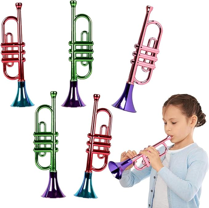 ArtCreativity 13 Inch Metallic Trumpets, Set of 5, Fun Plastic Musical Instruments Noise Makers for Parties and Events, Music Toys for Kids, Cool Birthday Party Favors for Boys and Girls