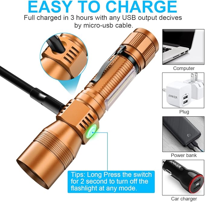 UV Flashlight Black Light, USB Rechargeable Flashlight with Magnetic Base - High Flash Light, Side Light, 7 Modes, Zoomable, Waterproof ??LED Torch for Mechanics Pet Urine Stains Detection, Brown(1)