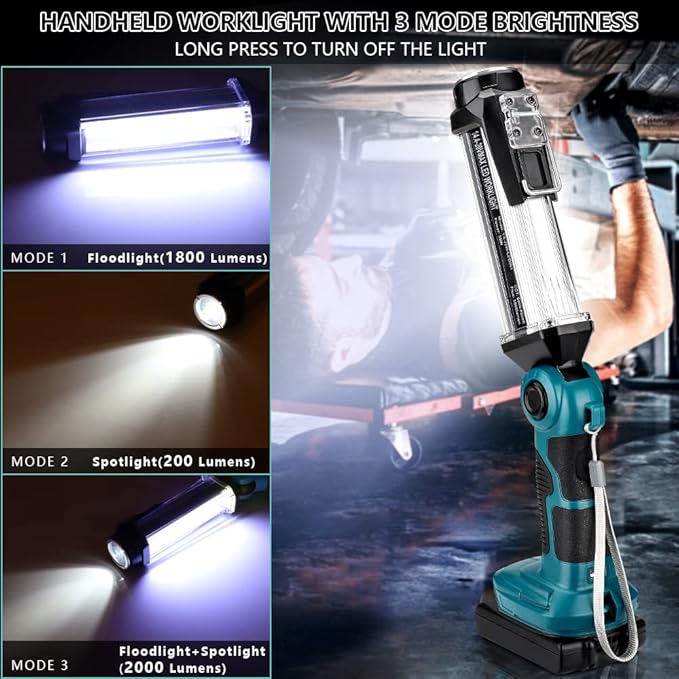 Cordless LED Work Light for Makita 18V Li-ion Battery, 35W 2000LM Outdoor Flashlight Portable Camping Lanterns with Hook, 90°Rotatable for Car Repairing, Job Site Lighting, Emergency