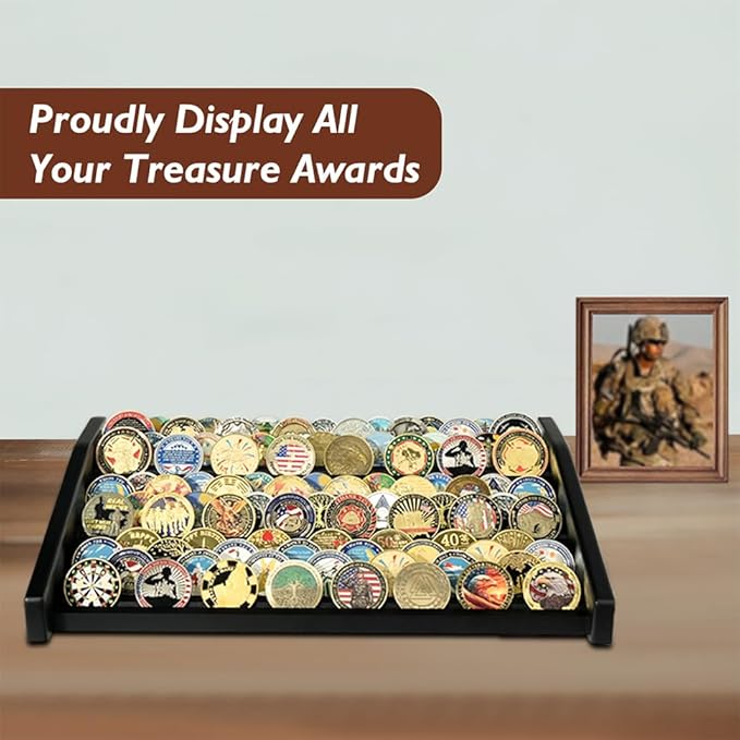 12-Row Wooden Challenge Coin Display Holder for Countertop - 3-Tier Military Coin Rack Stand Holds 90-100 Coins - Coin Display Case for Army Police Collectors, Black