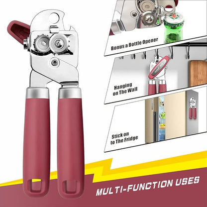 PrinChef Can Opener Manual, Can Tin Bottle Opener with Magnet - No-Trouble-Lid-Lift, Handheld Can Opener Smooth Edge with Sharp Blade, Heavy Duty and Easy to Use, for Seniors with Arthritis, Red