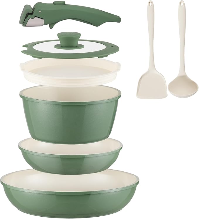 Ceramic Cookware Set Non Stick 8Pcs Pots and Pans Set Detachable Handle