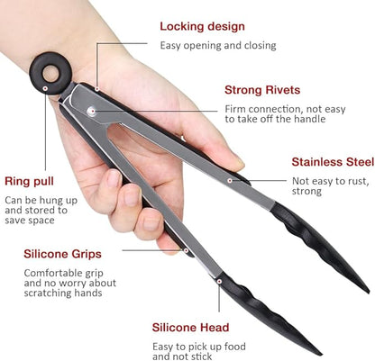 9 Inch Small Kitchen Tongs Set of 3, Silicone Cooking Tongs