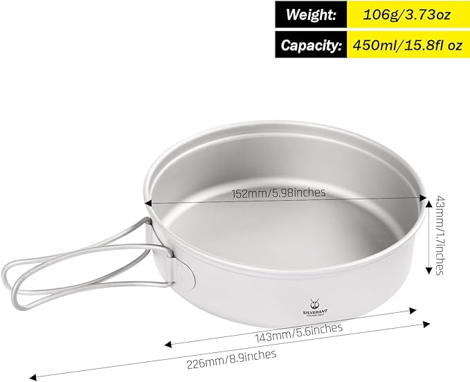 SILVERANT Camping Plate Titanium Pan Dish Plate with Handle & Mesh Bag, Large Reuseable Ultralight Dinner Plate for Camping Outdoors Backpacking (450ML)