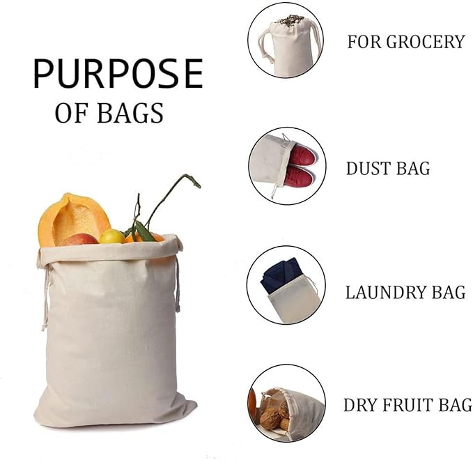 100Pcs 8 x 12 Inches Premium Cotton Muslin Double Drawstring Bags, Reusable Bag Natural Cotton Bags with Drawstring Produce Bags Bulk Gift Bag Jewelry Pouch for Party Wedding Home Storage