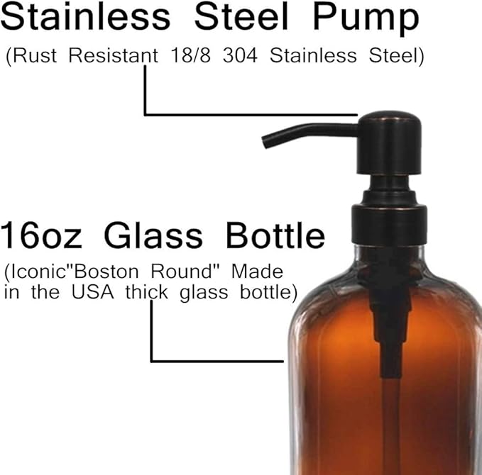 2 Pack 16 Ounce Boston Round Glass Bottles Soap Dispenser