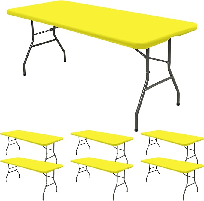 6 Pack Fitted Tablecloth for 8 Foot Rectangle Tables, Yellow Elastic Outdoor Picnic Table Cover, Washable Stretch Folding Table Cloths 8 ft for Camping Party Patio Kitchen Banquet, 30" W x 96" L