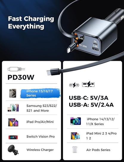 SUPERONE Smaller 69W Retractable Car Charger 4 in 1 Fast Car Phone Charger Adapter with Retractable Type C & L Cords, USB C Car Chargers for iPhone 17 16 15 14 13 12 Galaxy Pixel