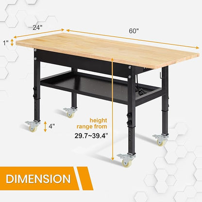 48"/60'' Adjustable Workbench, Rubber Wood Top Work Bench Heavy-Duty Work Table with Power Outlet, Wheels, Partition 2000 LBS Load Capacity Hardwood Work Benches for Garage, Workshop, Home, Office