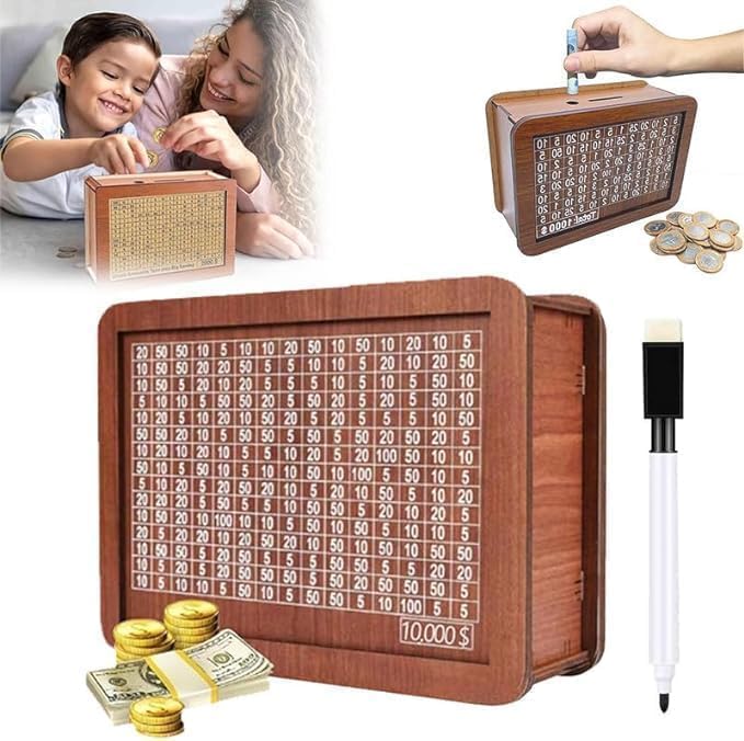 Wooden Coin Bank Money Saving Box, Cash Vault Wooden Savings Box, Wooden Digital Piggy Bank with Counting Target, Money Vault Savings for Boys and Girls (10000 Savings Challenge Box)