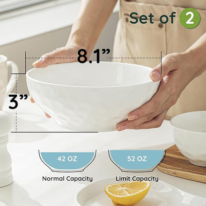 8 Inch Pasta and Salad Bowls, Serving and Soup Bowl Set, Microwave Safe Ceramic Plates, Set of 2, White