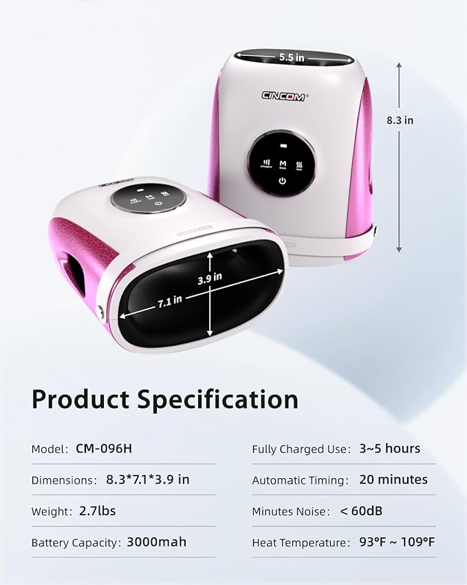 CINCOM Hand Massager with Heat and Compression, Finger and Palm Massage Machine for Pain Relief, Arthritis and Improved Circulation, Gifts for Women, Cordless and Rechargeable (White)