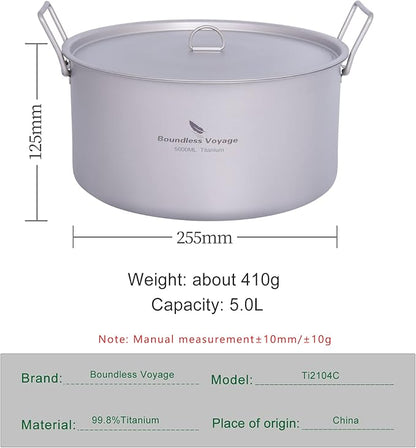 Boundless Voyage Outdoor Camping Titanium Pot 5.0L Stockpot with Lid Folding Handle Hiking Picnic Portable Big Capacity Soup Pot Home Kitchen