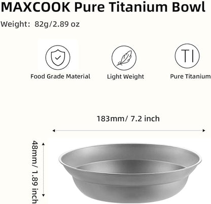 Pure Titanium Camping Bowl Large 7.2 inch Backpacking Ultralight Cookware Outdoor Hiking Kitchen