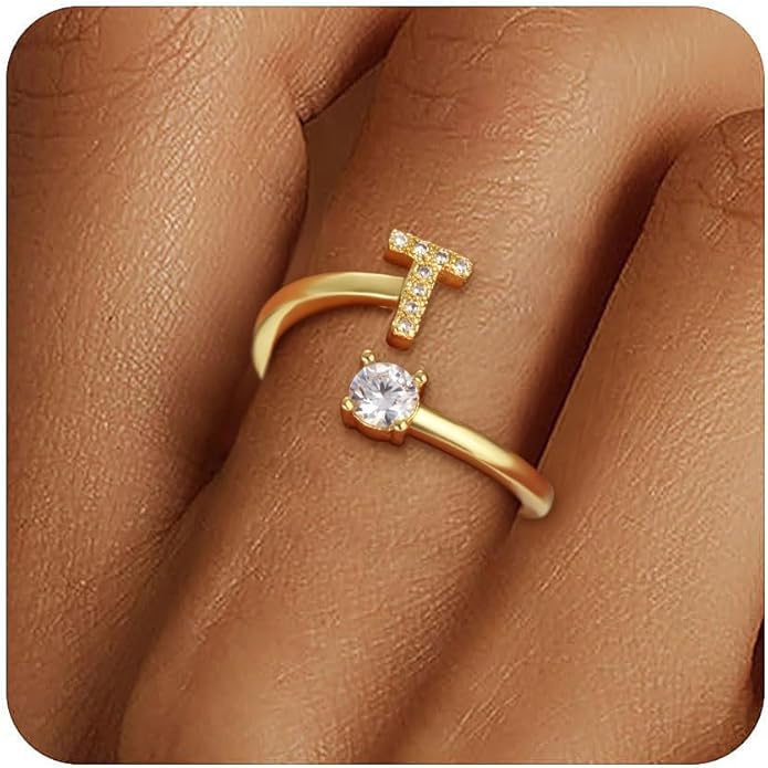 Gold Rings for Girls Women - Dainty 14K Gold Plated Adjustable Letter Rings Teen Girls Gifts Trendy Stuff Initial Ring Teen Girl Birthday Christmas Gift for Girl Non Tarnish