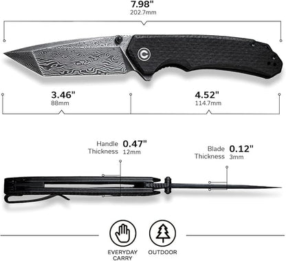 CIVIVI Brazen Pocket Knife,3.5-Inch Tanto Damascus Folding Knife, Micarta Outdoor Camping Hiking Knife with Thumb Studs and Flipper Opener,Unique Tool Gift for EDC Men Women C2023DS-1