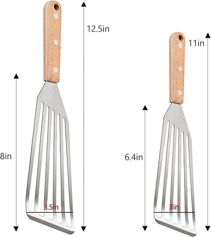Fish Spatula Set of 2, HaSteeL Stainless Steel Slotted Spatula Turner with Riveted Wooden Handle, Professional Metal Spatulas Great for Kitchen Cooking Flipping Frying & Grilling, 2 x Hooks