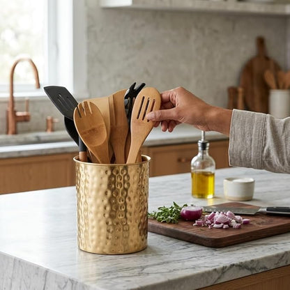 Monarch Abode Kitchen Utensil Holder – Hand Hammered Metal Brushed Gold Utensil