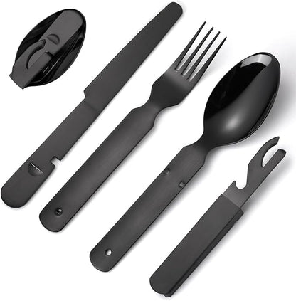 Portable Silverware Black Flatware Camping Cutlery Stainless Steel Spoon Fork Knife and Bottle Opener 4 Pieces Utensil Outdoor Travel Foldable Easy to Clean
