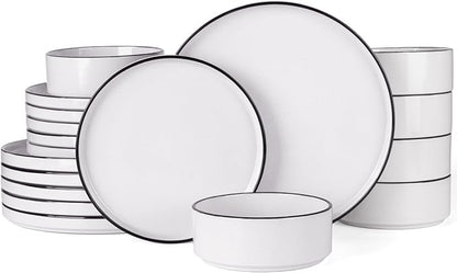 Famiware Nebula Plates and Bowls Sets, 18 Pieces Dinnerware Sets, Dishes Set for 6, White with Black Rim