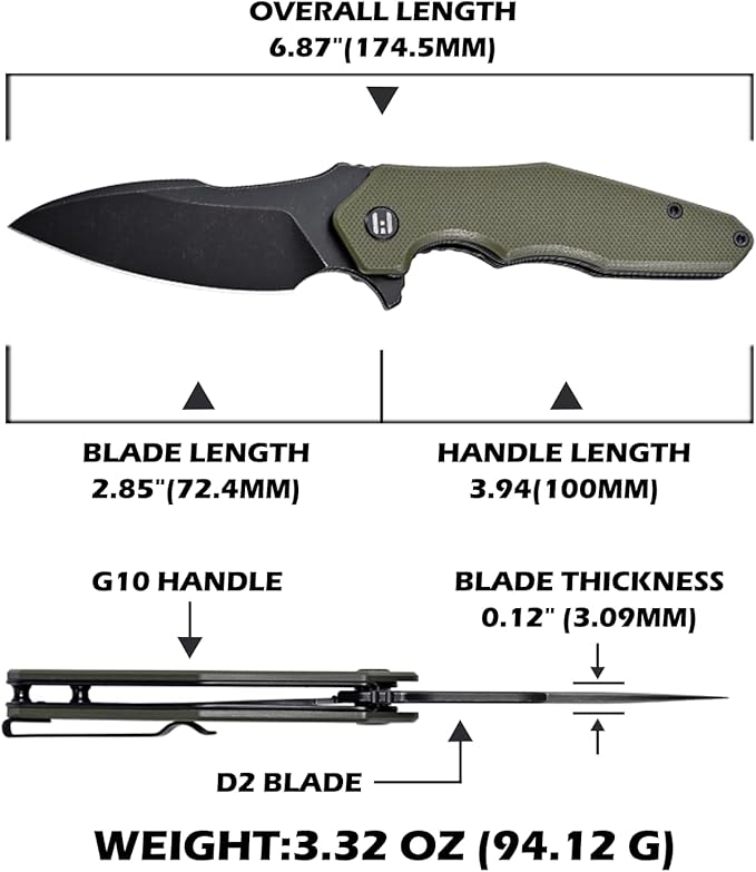 Hightron Mini Ventura Flipper Pocket Knife, 2.85" D2 Blade and Ergonomic G10 Handle, EDC Folding Knives for Camping Survival Hiking tool for Men Women (Green-B)