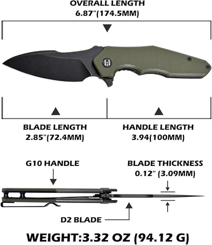 Hightron Mini Ventura Flipper Pocket Knife, 2.85" D2 Blade and Ergonomic G10 Handle, EDC Folding Knives for Camping Survival Hiking tool for Men Women (Green-B)