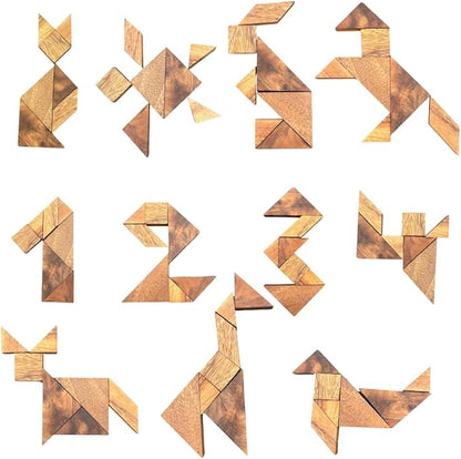 Premium Wooden Tangram - Luxury Wooden Brain Teaser Block for Kids & Adult - Wood Block Puzzle - Logic Puzzle - STEM Montessori Educational Sensory Toys for All Ages