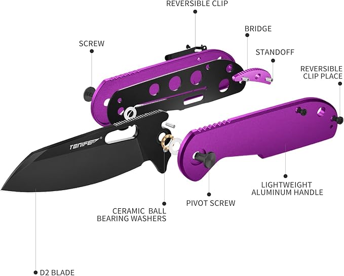 TONIFE Galaxy Mini Folding Knife with D2 Steel Blade and Aluminum Handle, EDC Pocket Tool for Camping, Hiking, and Survival (Purple)