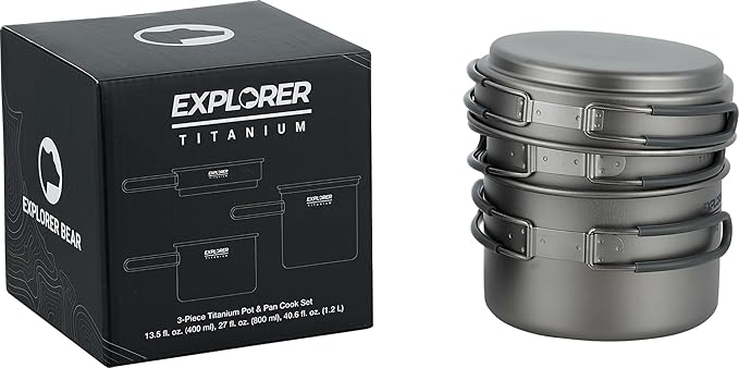 Explorer Bear Titanium Stackable Camping Cooking Pot Mess Kit Set